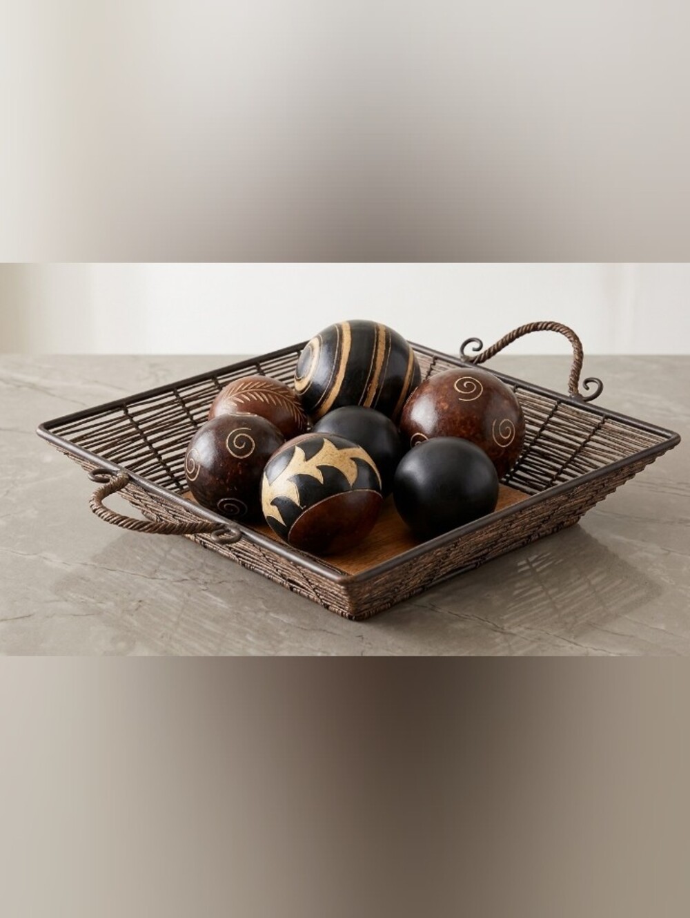 Hand Carved Wooden Decorarive Ballz With Wicker Iron Basket